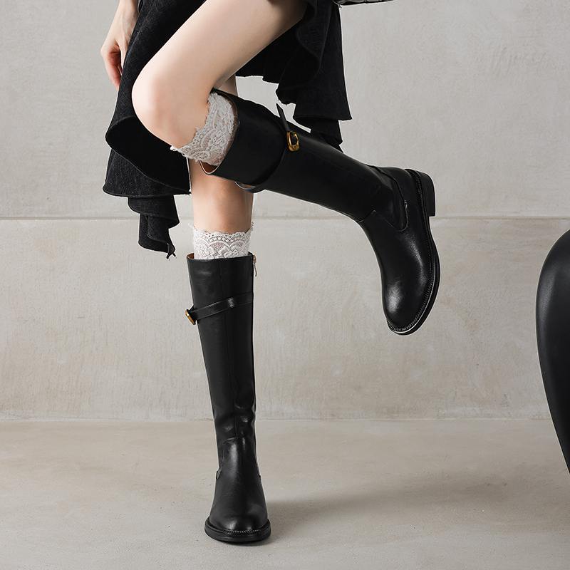 NEW Pot Cow Skin Round Toe Thick Low Heels Riding Boots British School Zipper High Street Fashion Luxury Thigh High Boots