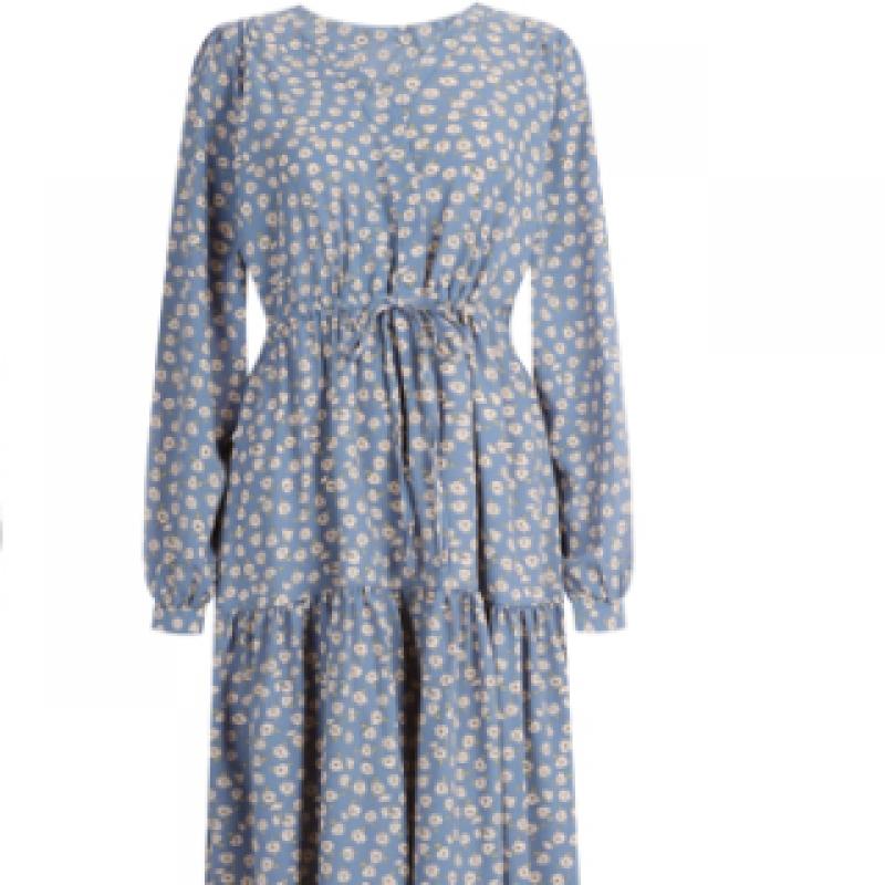 Shop Women V Neck Waist String 2 Layer Ruffle Floral Long sleeVe Long Dress Th