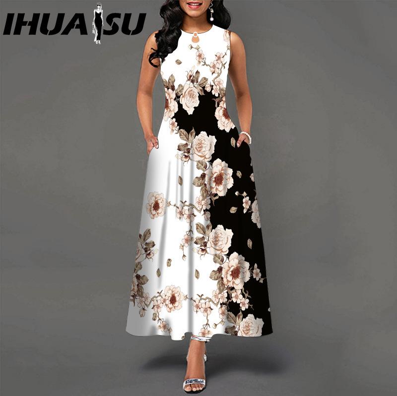 IHUASU 48 Farben Neues Damen Lockeres Vintage Blumenmuster Rüschenkleid Befree Kleid Großes Sommerparty Tanktops Elegante Maxikleider