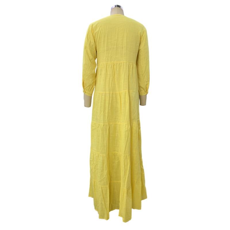 Women Solid Color V Neck Loose Long Sleeve Bohemian Midi Dress