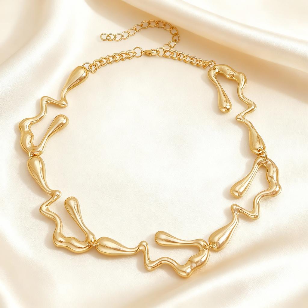 Nuevo Diseño de Moda Gargantilla Metálica Estilo Lava Líquida para Mujer Color Dorado Ola Irregular Retorcida Collar de Fiesta Joyería Regalo