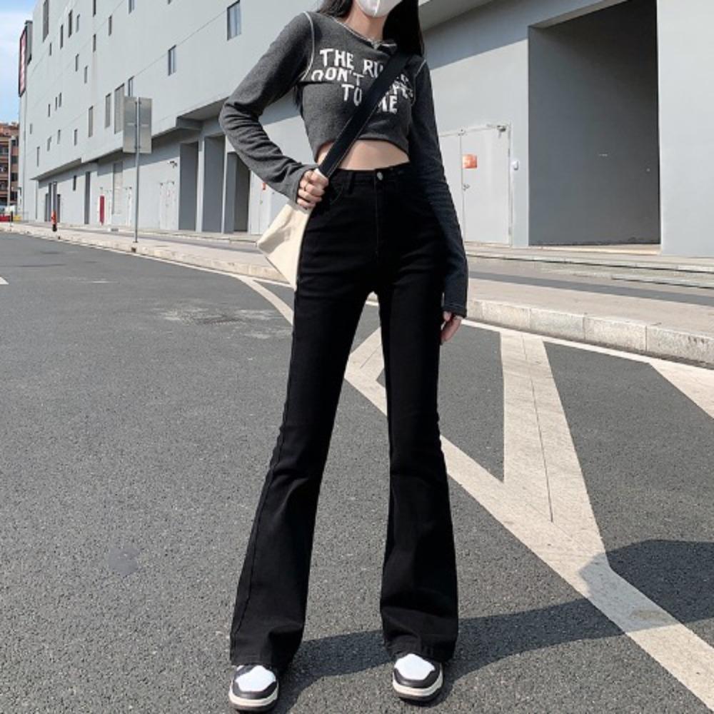 Women's High Waist Black Flare Jeans Slim Fit Stretchy Bell Bottom Denim Pants With Multiple Lengths For Petite Daily Street Style