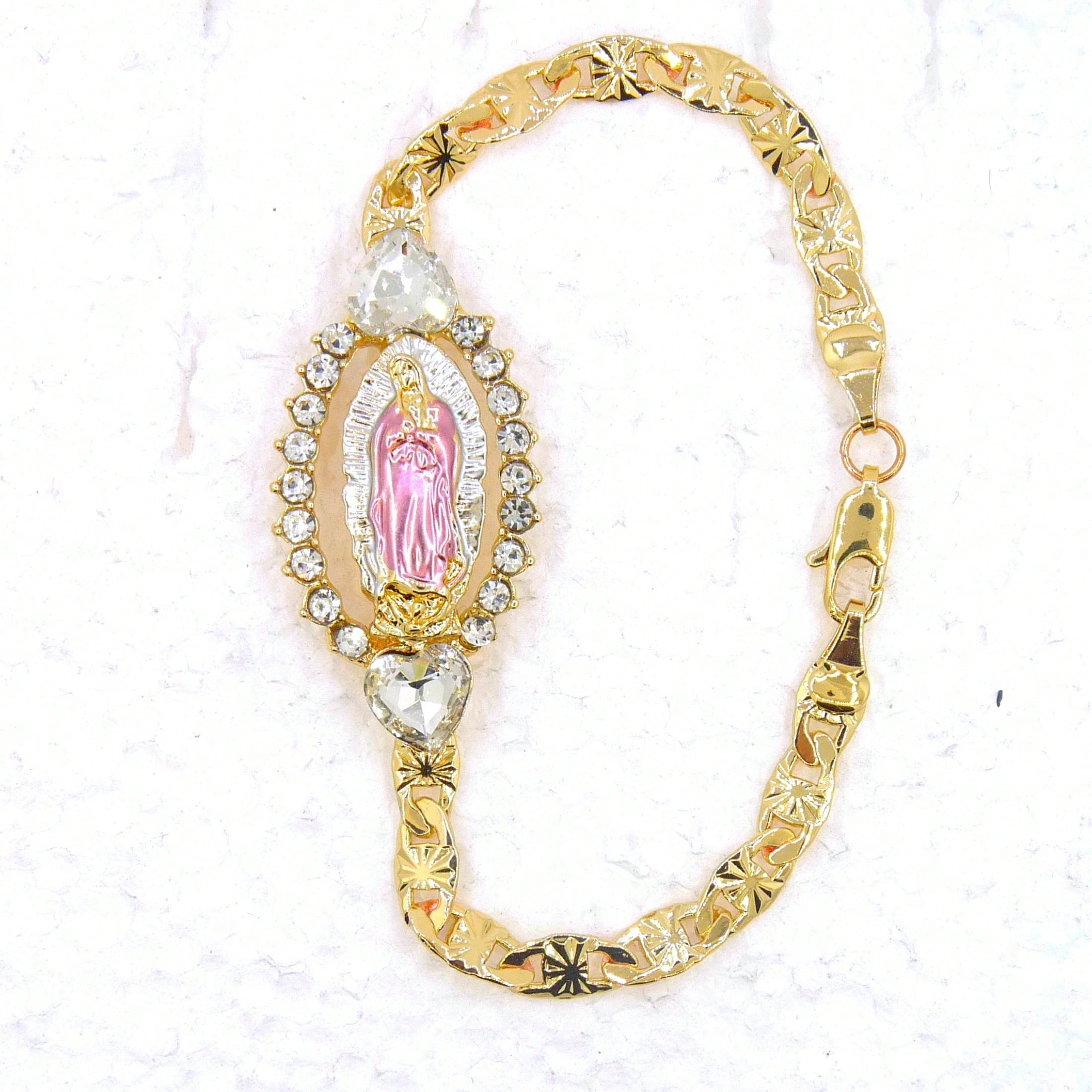 1pc Heart Zircon Gold Plated Virgin Mary MaMa St. Jude St Judas Women s Fashion Religious Bracelet Length 7 Inches 18cm розовый