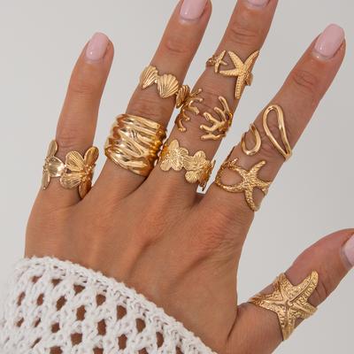 Ingemark 9Pcs/Set Vintage Hollow Starfish Scallop Open Rings for Women 2025 Trend Engagement Adjustable Ring Summer Jewelry Gift