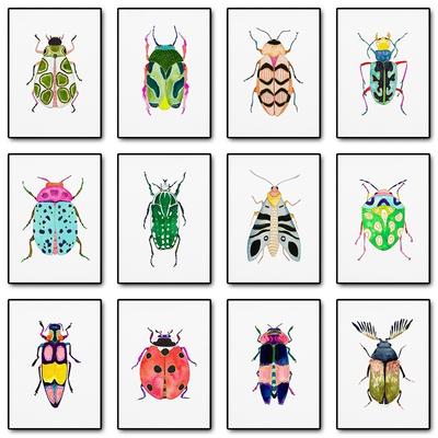 Aquarell Käfer Marienkäfer Poster Druck Buntes Insekt Leinwand Malerei Natur Wandkunst Bild Kinderzimmer Heimdekor