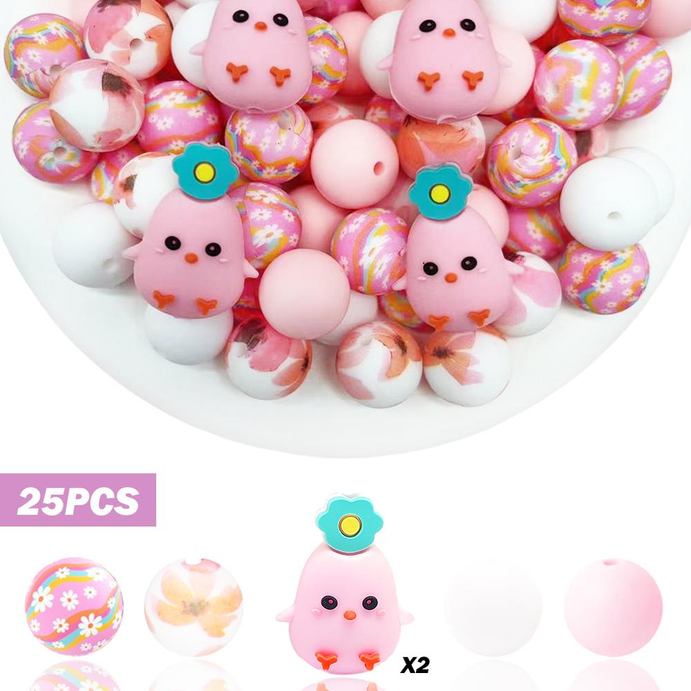 

25/34/44PCS chicken shaped silicone bead set, perfect for DIY handmade crafts such as keychains, necklaces, bracelets, etc
