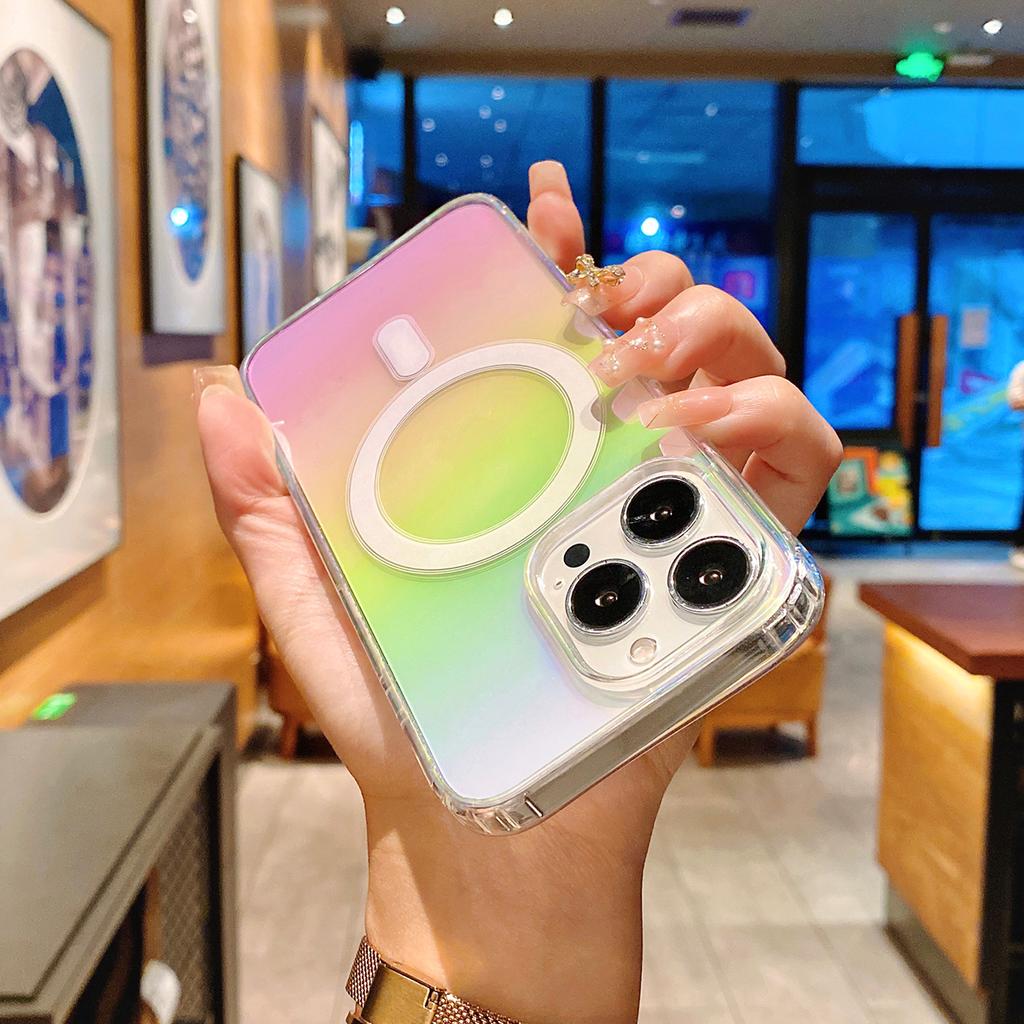 Wireless Charge for iPhone 15 14 13 12 11 Pro Max Plus Case Magnetic for Magsafe Crystal Gradual Color Clear Soft Cover Shell