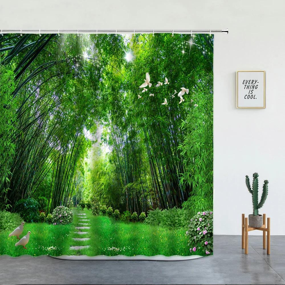 Forest Waterfall Landscape Shower Curtains Tropical Rainforest Green Bamboo Mountain Printed Fabric Luxury Bathroom Decor Hooks