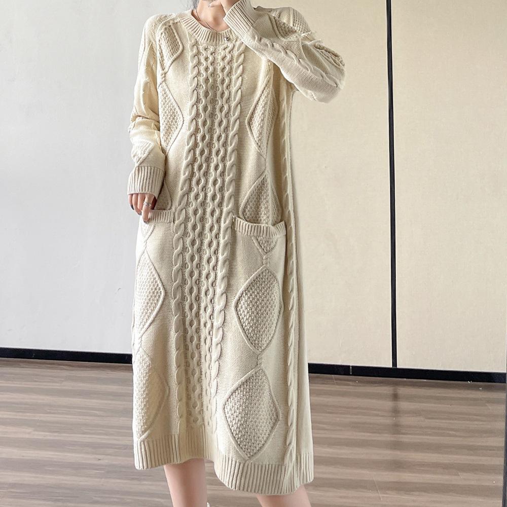 

Осенне-зимняя корейская версия ретро средней длины свободного большого размера с карманом-перевертышем, трикотажное платье для женщин XL абрикосовый