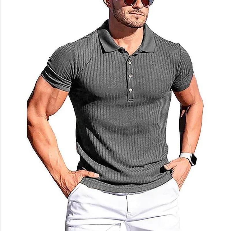 Mens Solid Color Ribbed Short Sleeve Slim Fit Polo Shirt