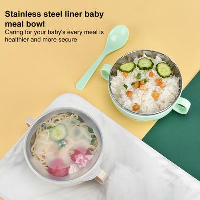 Kids Training Bowl Fall Resistance High Temperature Resistant with Lid Easy To Clean Dual Handles Dustproof Stainless Steel Cartoon