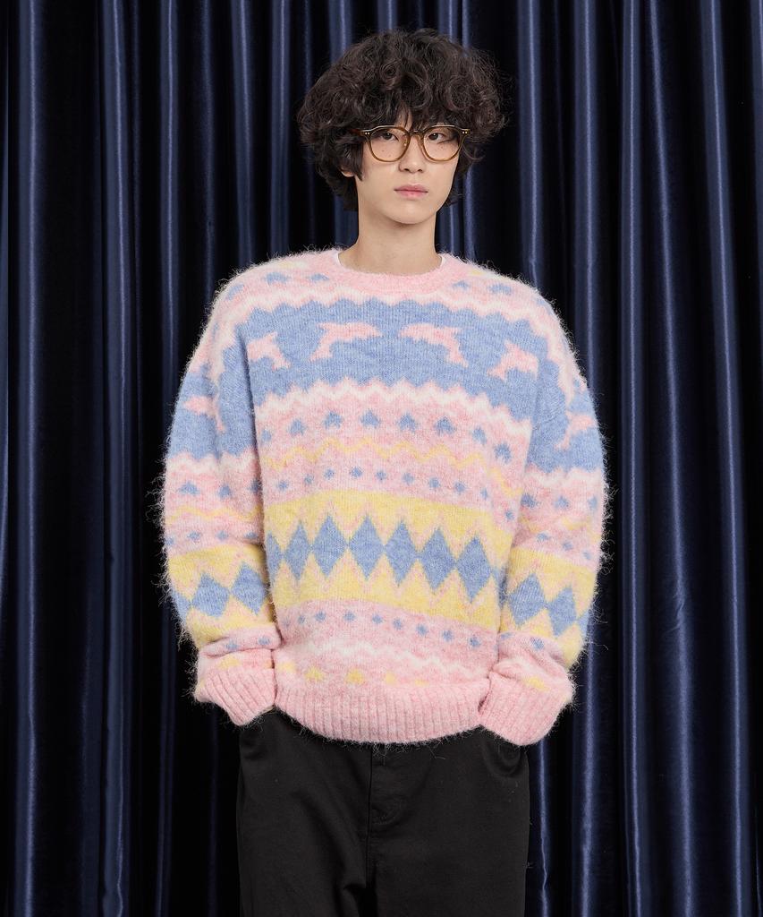 WAIKEI Dolphin Hairy Graphic Knit Pink