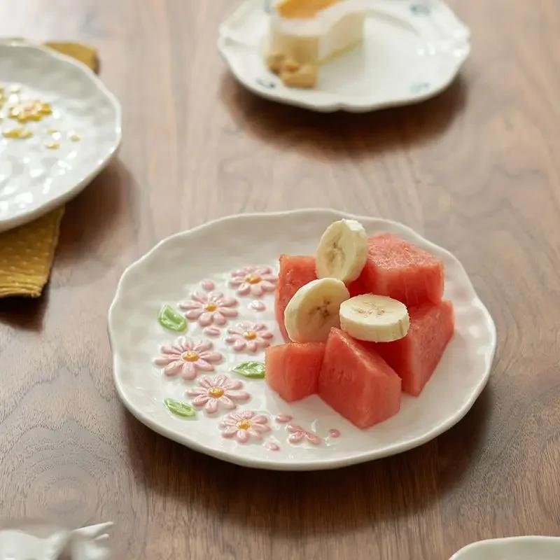 Lily of The Valley Daisy Plate,restaurant Ceramic Ceremonial Cake Dessert Tray,Home High-end Kitchen Decorative Tableware