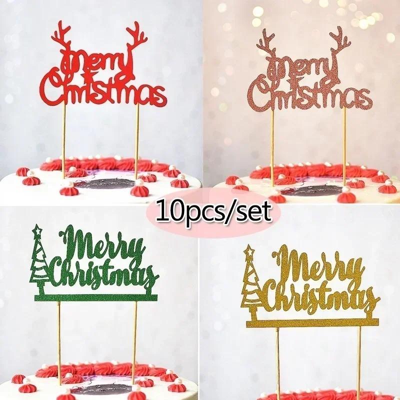 Cake Decortion Accessories 10pcs/lot Gold Red Merry Christmas Party Cake Toppers Decoration for Xmas Decoration Supplies Tools