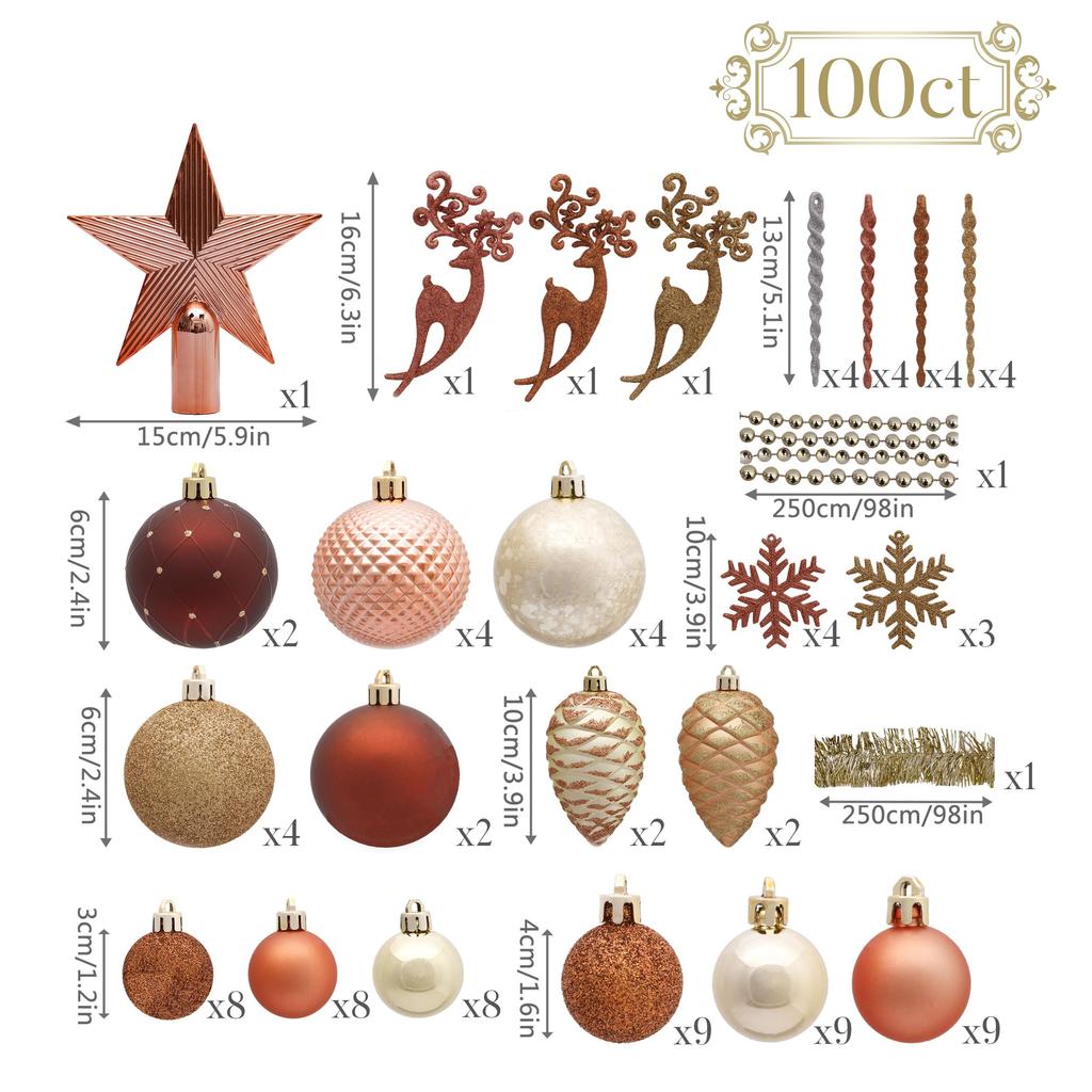 Valery Madelyn Christmas Large Forest Gold and Rose Christmas Cute Christmas Stylish Christmas Forest Decorations for Home Decor Ornaments, 100-Piece