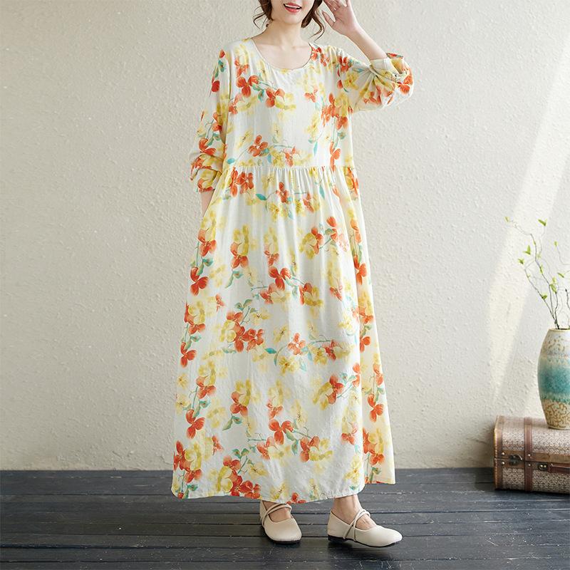 Autumn Art Retro Print Loose Slimming Plus Long Sleeved Mid Length Casual Dress for Women Dresses