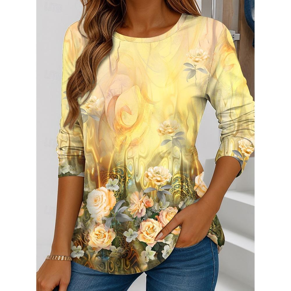 Summer Women's T Shirt Floral Graphic Plants Stylish Casual Long Sleeve T-shirts Round Neck Regular Tops Flower Printed Pullover