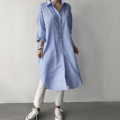 Mid-length Shirt Women's Korean Version of The Long-sleeved Top Women's Spring Blue and White Vertical Striped Shirt Jacket Women Loose