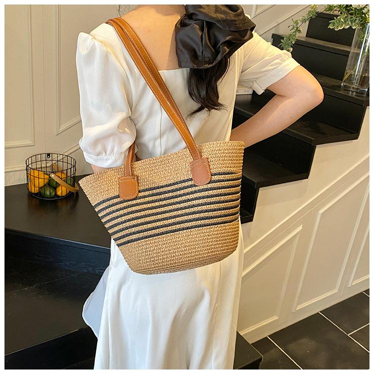 Straw Bag Striped Woven Bag Straw Beach Travel Handbag Shoulder Bag Women's Bag Tote Bag