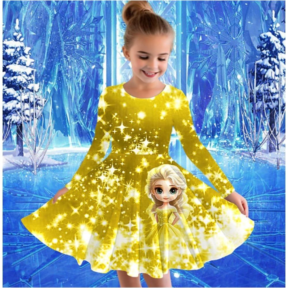 Girl Casual 3D Print Round Neck Long Sleeve Dress Kid Princess Dress