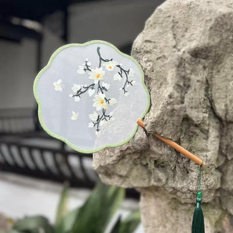Embroidered Round Fan, Chinese Ancient Style Round Fan, Fairy-Like Hanfu Cheongsam Fan, Classical Palace Fan, Gardenia Jasmine Dance Fan
