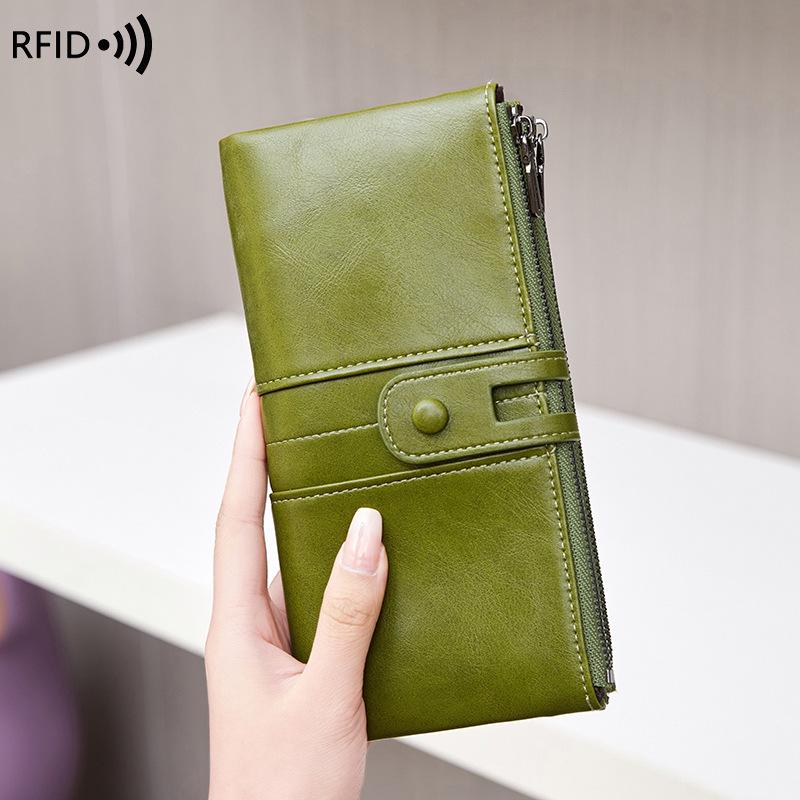 Cross-border RFID Women's Anti-Magnetic Wallet - Soft Oil Wax Leather Clutch, European & American Retro Long Zipper