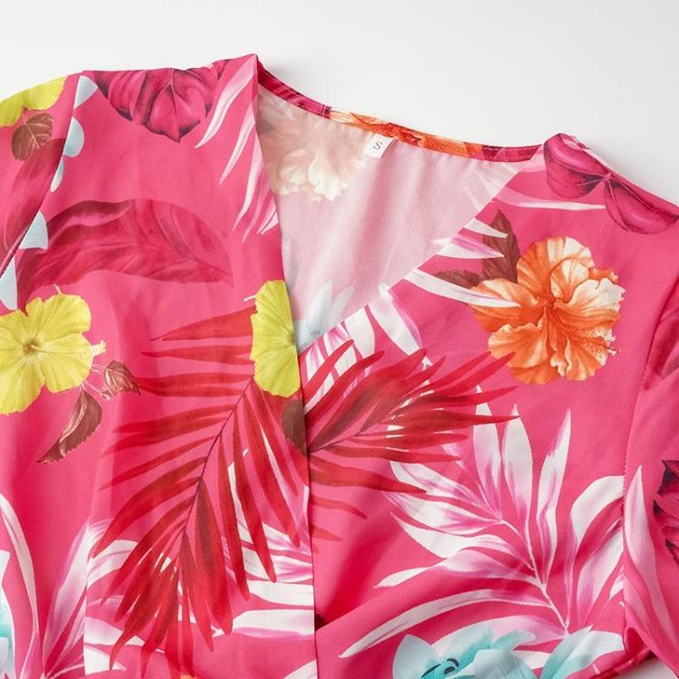 Floral Print Women Summer Dress Belted V Neck Short Sleeve Wrinkle Free