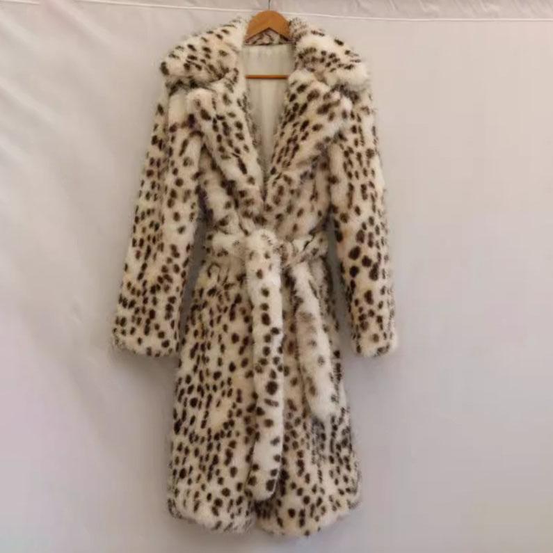 Winter Women's Faux Fur Leopard Print Fox Fur Warm Thick Coat Long Sleeve Jacket
