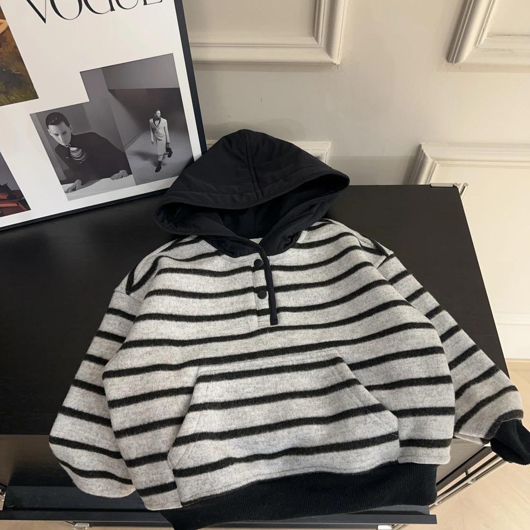 Winter Kids Fleece Hoodie with Cartoon Print Loose Fit Unisex Casual Sweatshirt 80