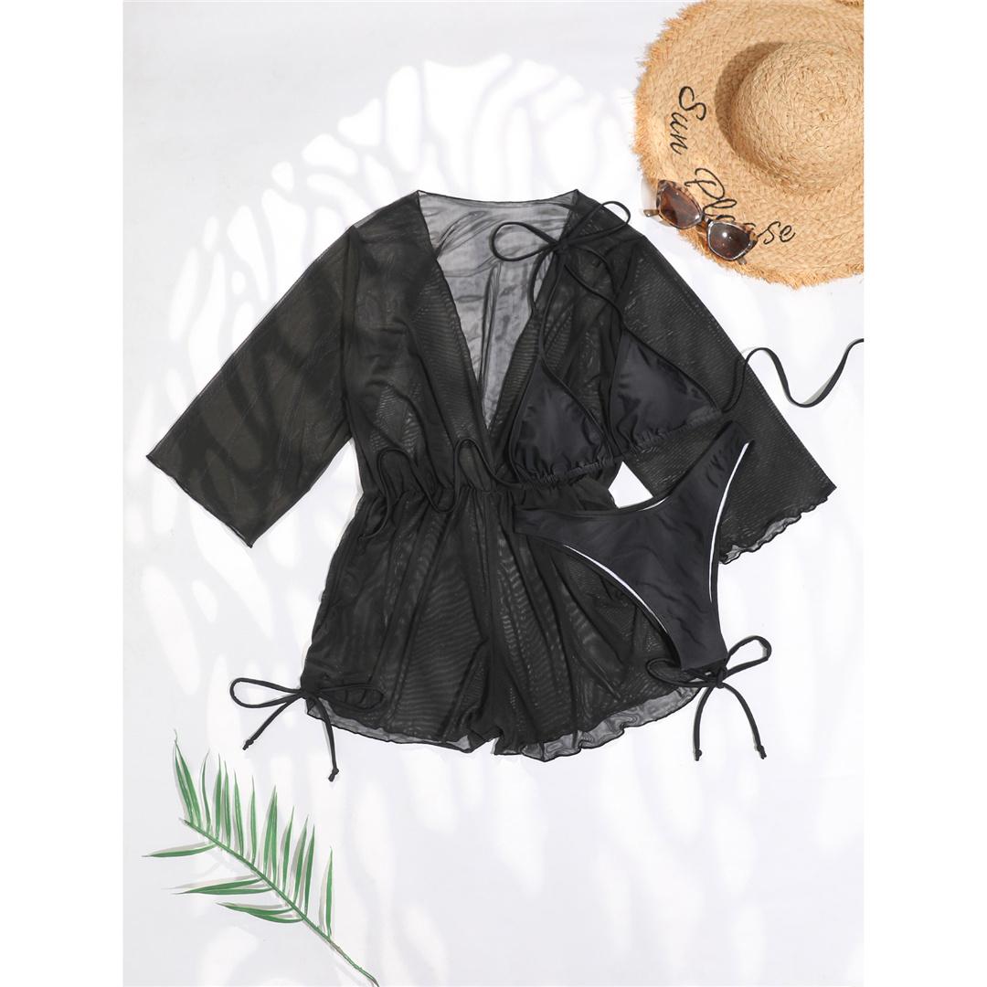 

Жіночий купальник з 3 предметами з прикриваючим бікіні на застібці. Жіночий купальний костюм із трьох предметів. Комплект бікіні. S чорний