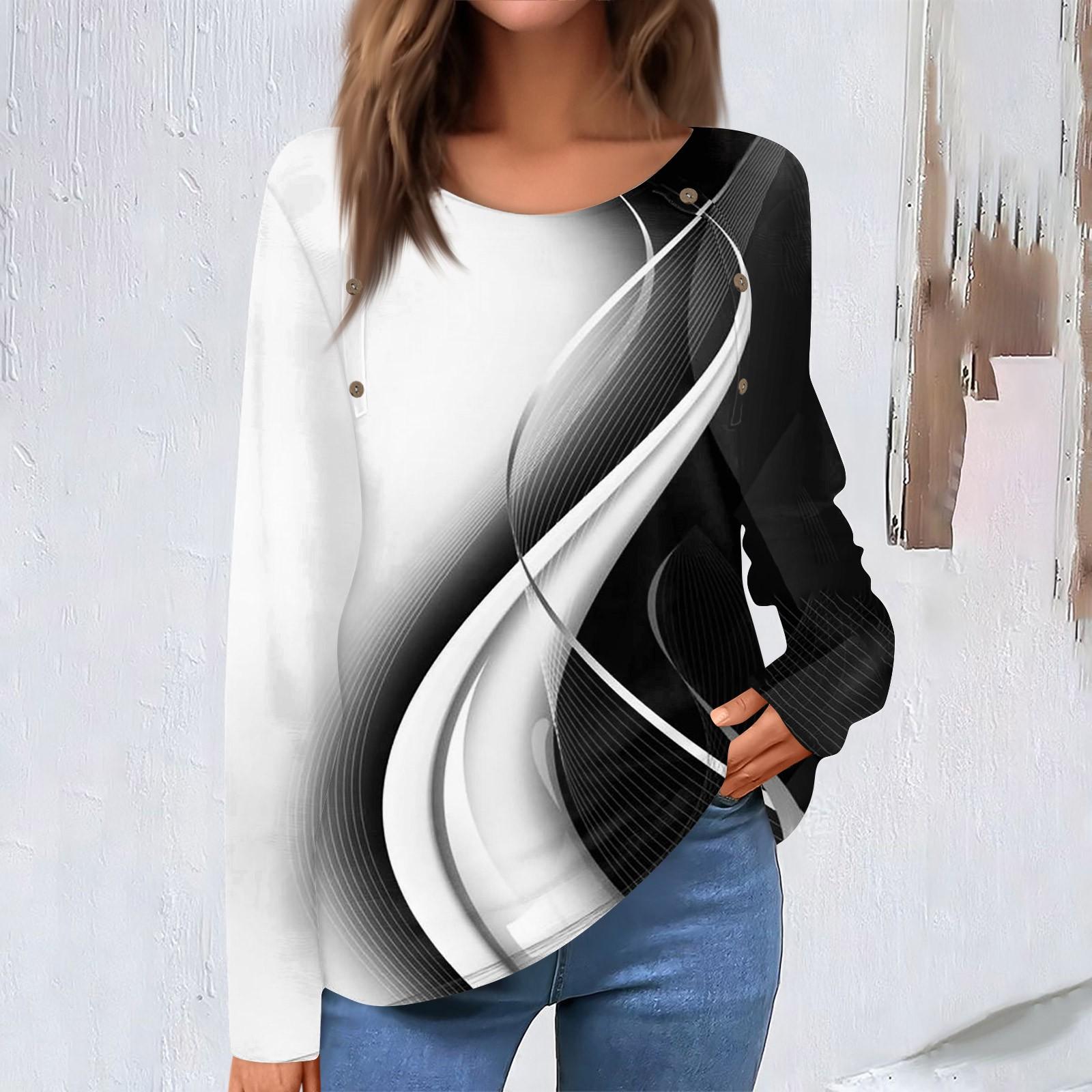 

Women s Fashion Casual Round Neck Long Sleeve Floral Print Button Decorated T-Shirt Top XL