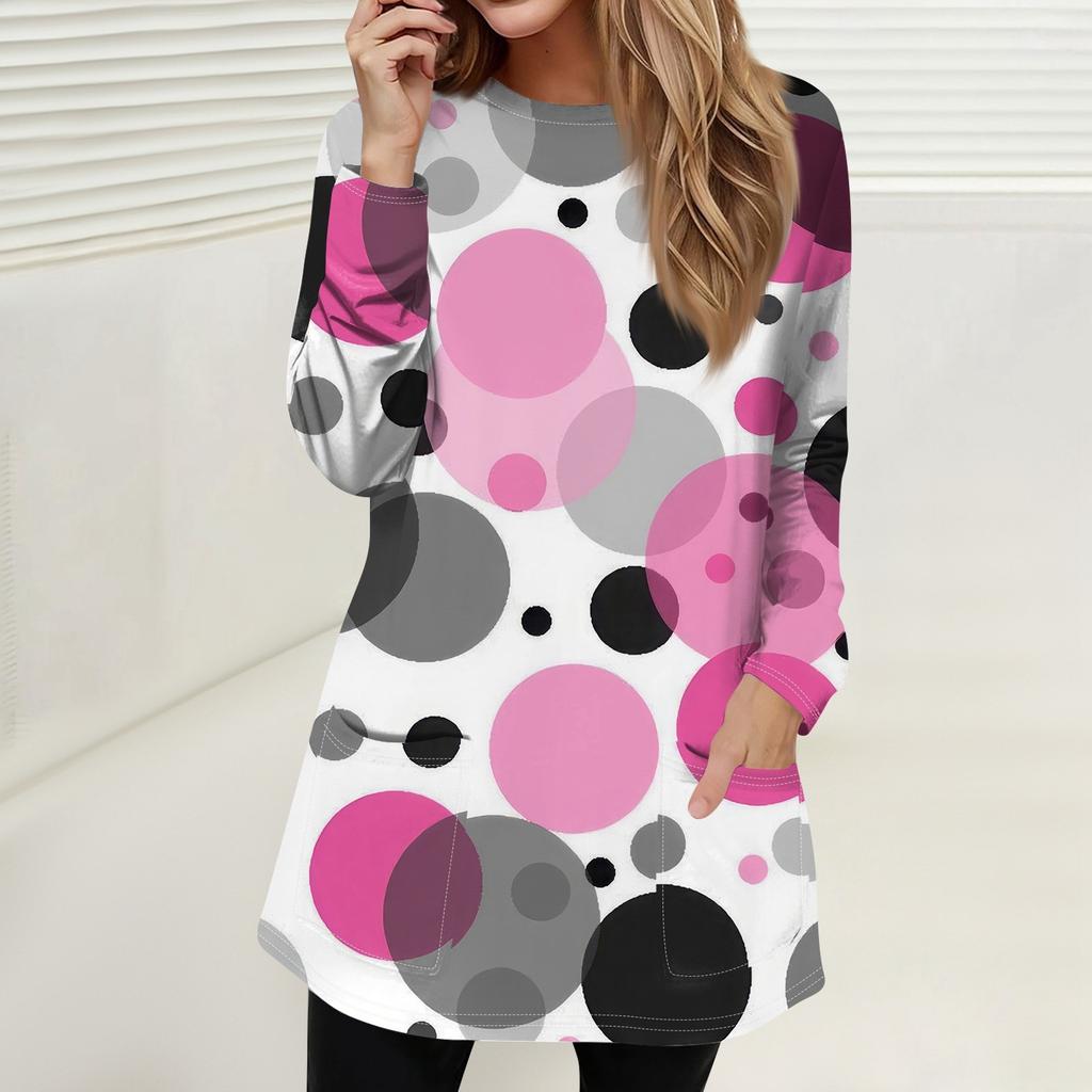 Women's Fashion Casual Pullover T-Shirt Round Neck Pocket Stripe Patchwork Printed Long Sleeve Top