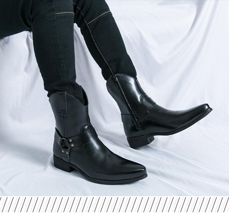 Men's Western Style Cowboy Boots - Pointed Toe, High-Top Leather Martin Boots