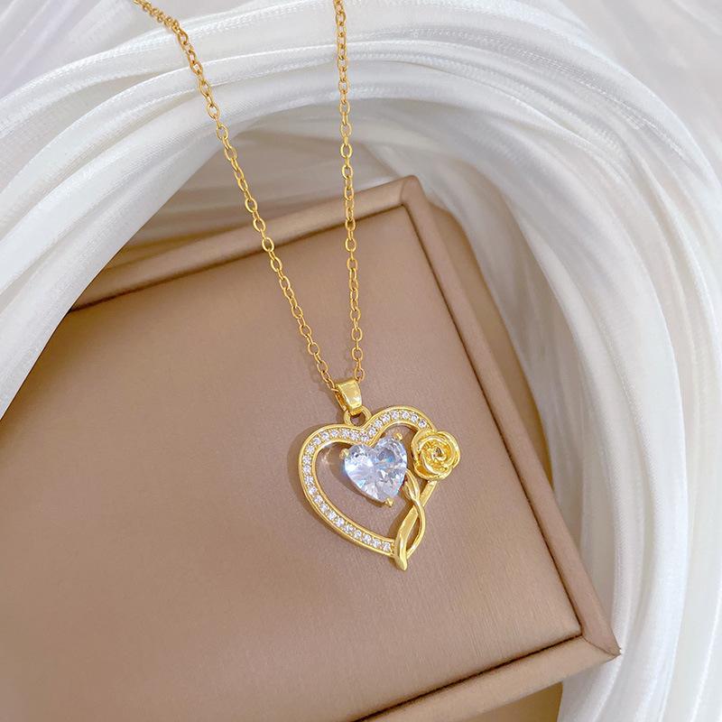 Liebe Rose Licht Luxus Temperament Wunderschöne Voll Diamant Halskette Weiblich Vielseitige Schlüsselbeinkette Titanstahlkette