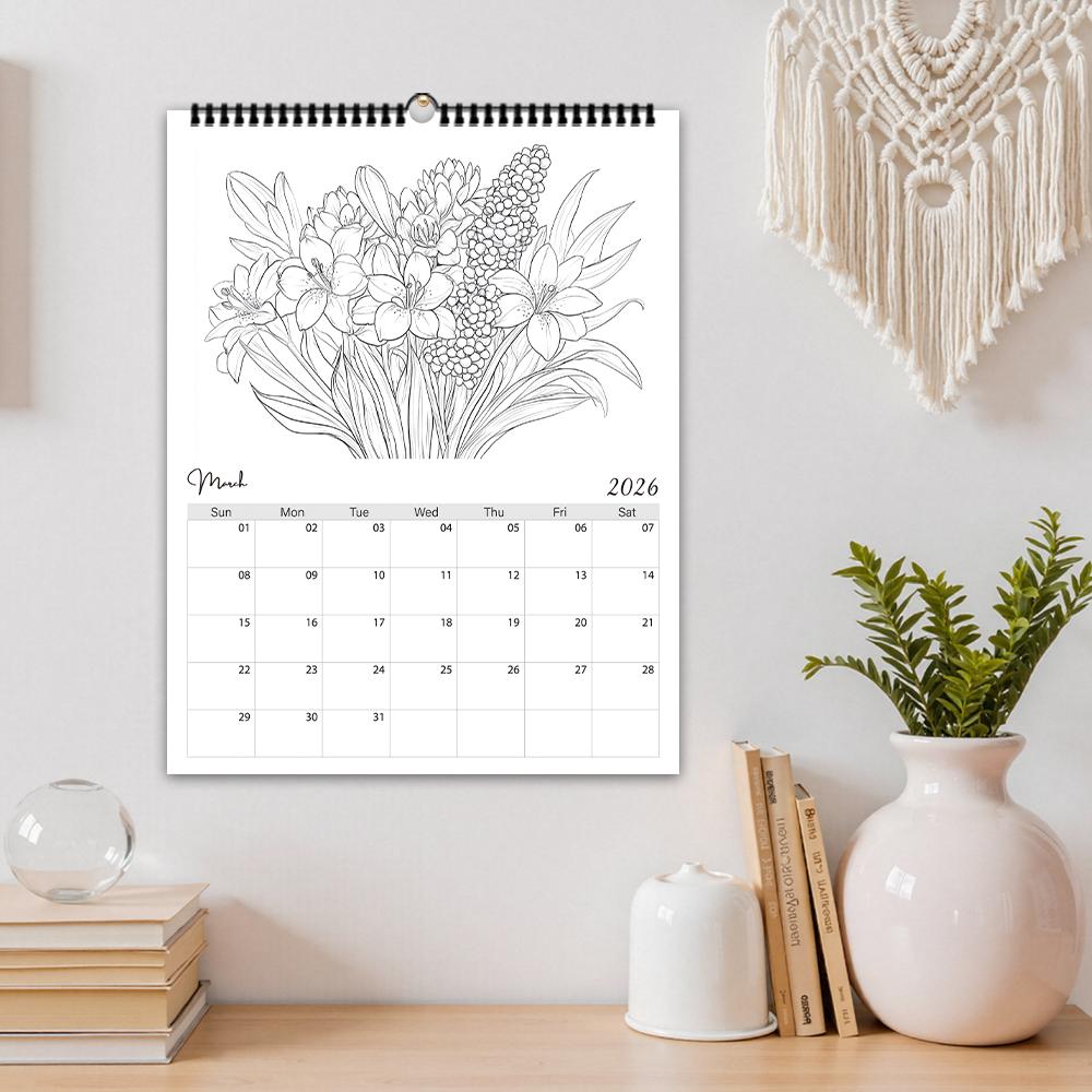 1pc 2026 Hanging Calendar,Floral Coloring Calendar, DIY, Christmas Gift, 12 Beautiful Designs, Perfect for Birthdays & New Year