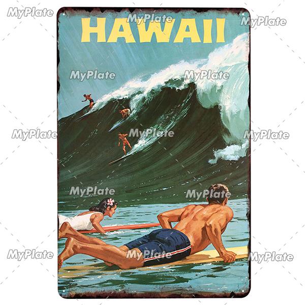 Surf Shop Vintage Metal Signs Decor Rust Tin Sign Wall Art Stickers Hawaii Poster for Bar Pub and Club Room Wall Art Decoration