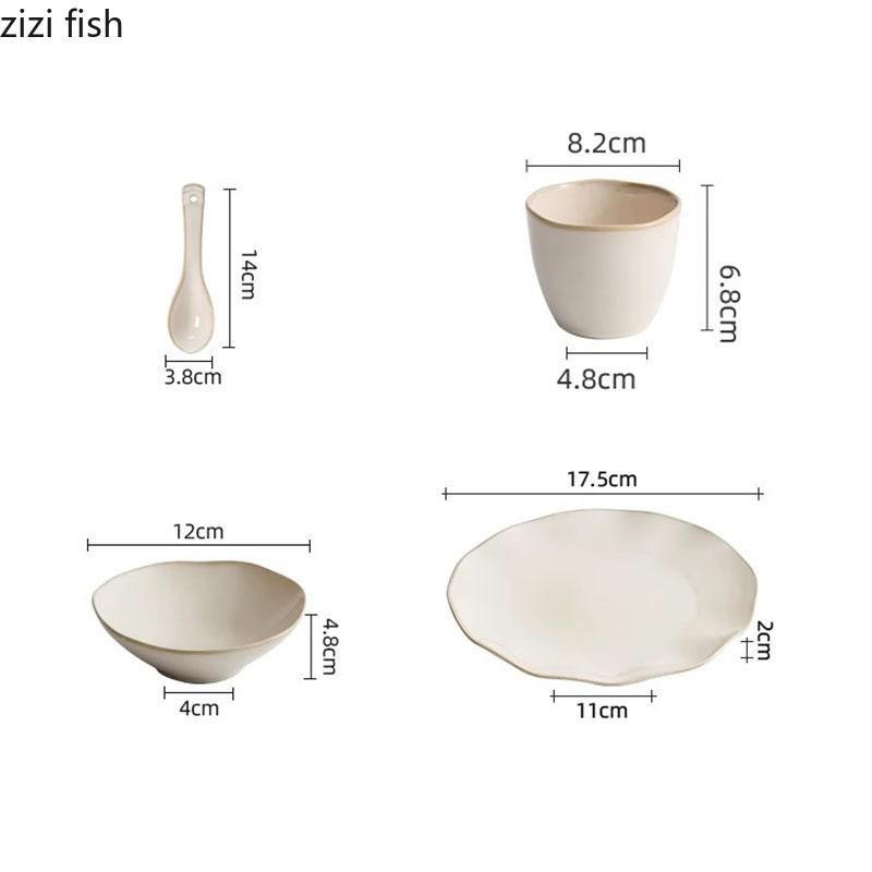 Beige Färg Keramisk Servis Set Ugnsväxlingar Soppsked Soppskål Desserttallrik Kaffemugg Restaurang Kreativ Skål Fat Set