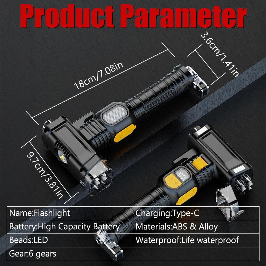 Super Bright LED Flashlight Outdoor Emergency Torch Multifunctional Working Light Broken Window Safety Hammer Red Warning Lamp