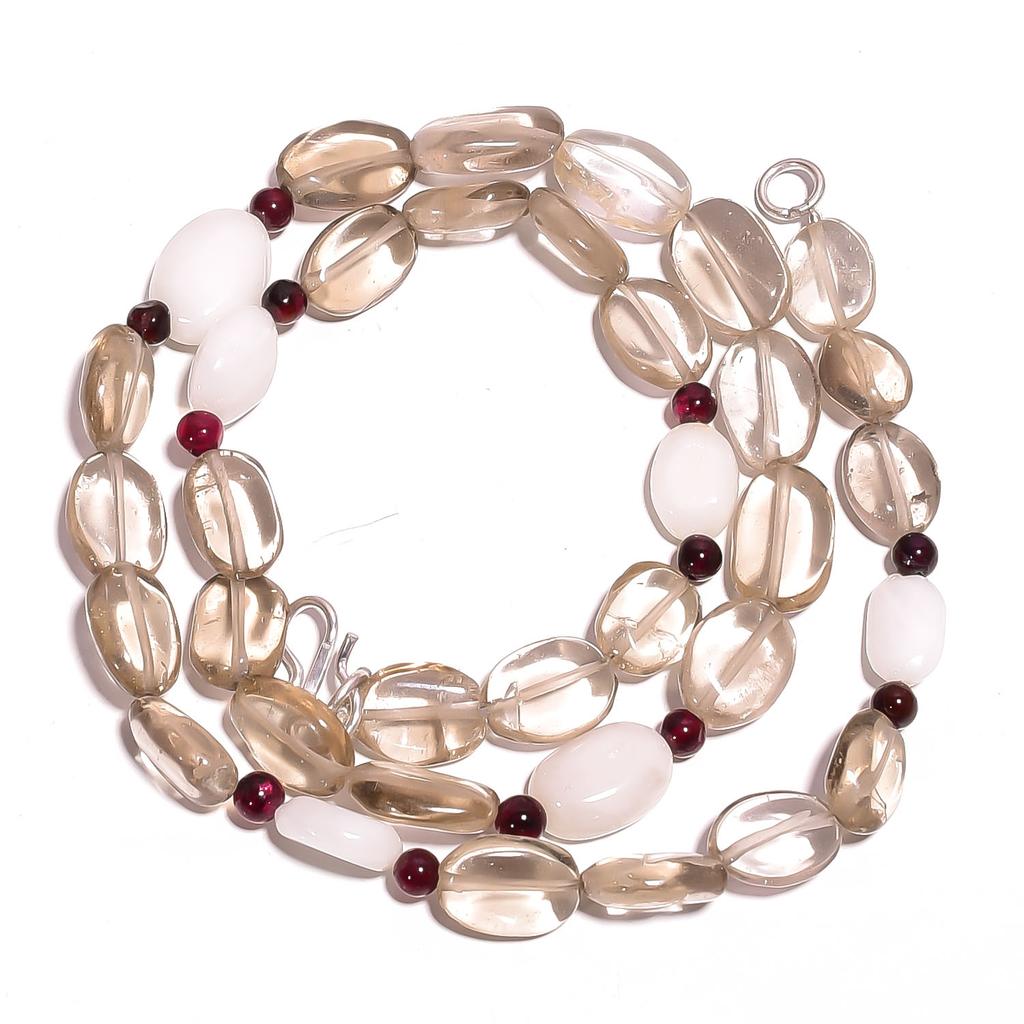 Natural Smoky Quartz White Jade Garnet Gemstone Smooth Beads Necklace 17" UB3197 UB-3197