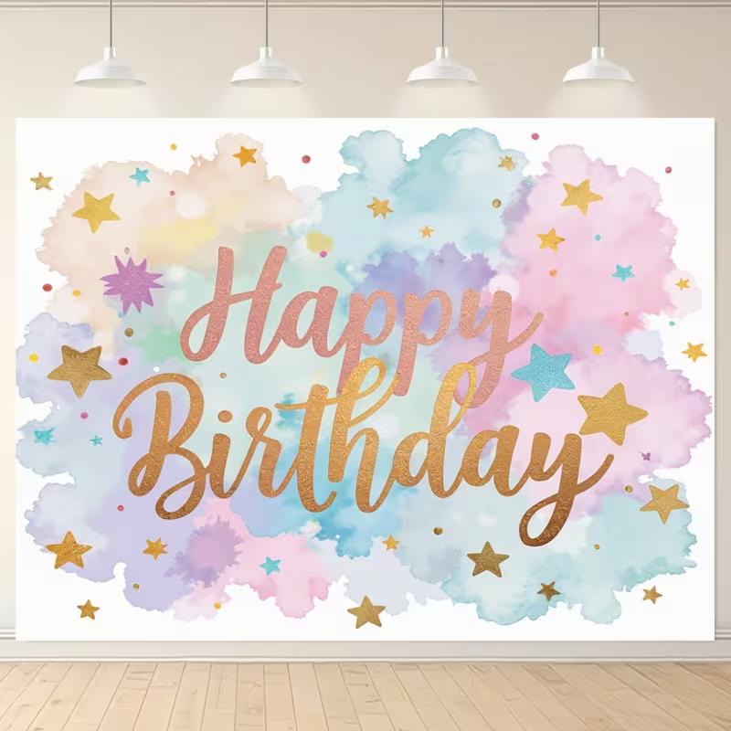 2D Watercolor Pastel Happy Birthday Backdrop for Kids Photography Background