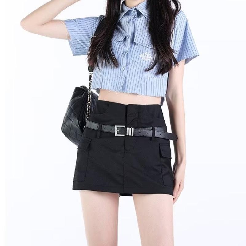 Gri Takım Elbise Şort Etek Kadın Yaz Ince Yüksek Bel Ince Mini Kalça Etekler Moda Retro Kore Tarzı Giyim Kadın Y2k