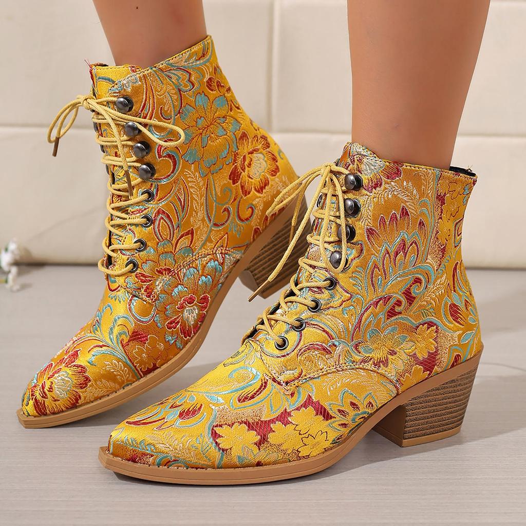 Vintage Embroidered Ethnic Style Short Western Boots Women's Shoes Fashion Pointed Toe High Heel Buckle Strap Ankle Boots