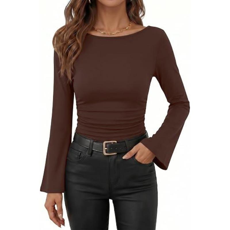 Women S Slim Fit Long Sleeve Flared Sleeve T Shirt Solid Color
