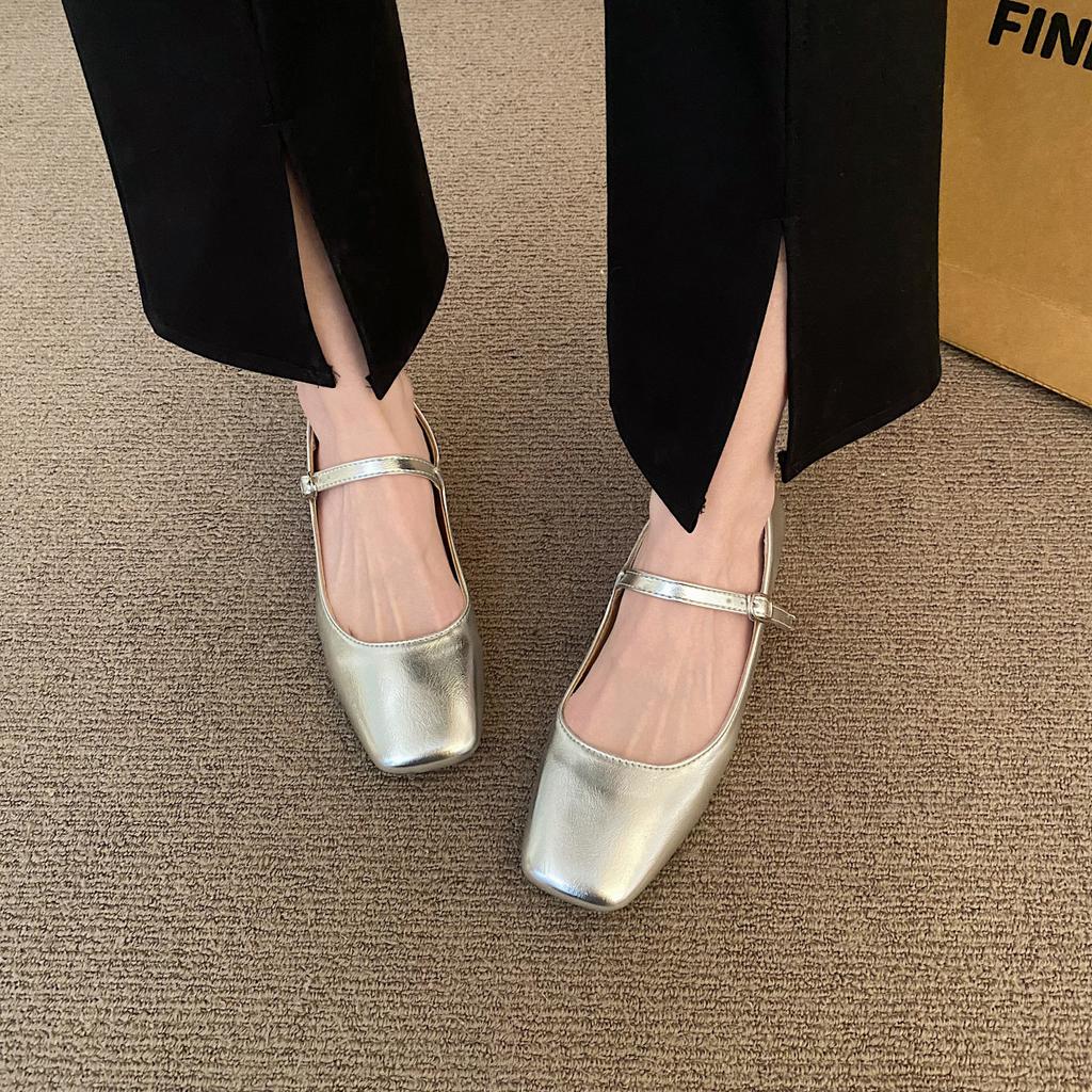 French silver Mary Jane shoes women's shoes 2025 new spring and summer temperament thick heel square head light mouth one word with single shoes
