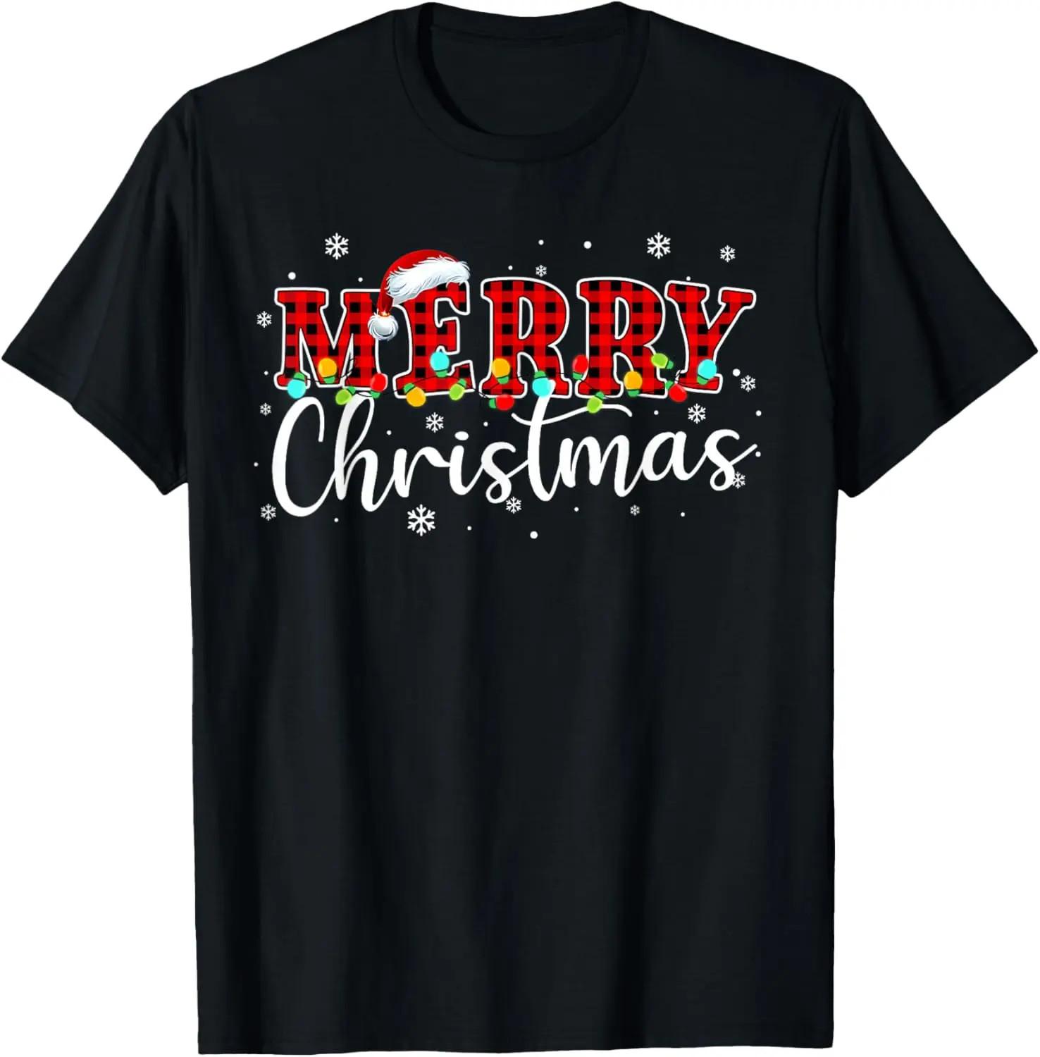 100% Cotton Unisex Merry Christmas Buffalo Plaid Red Santa Family Xmas T-Shirt S
