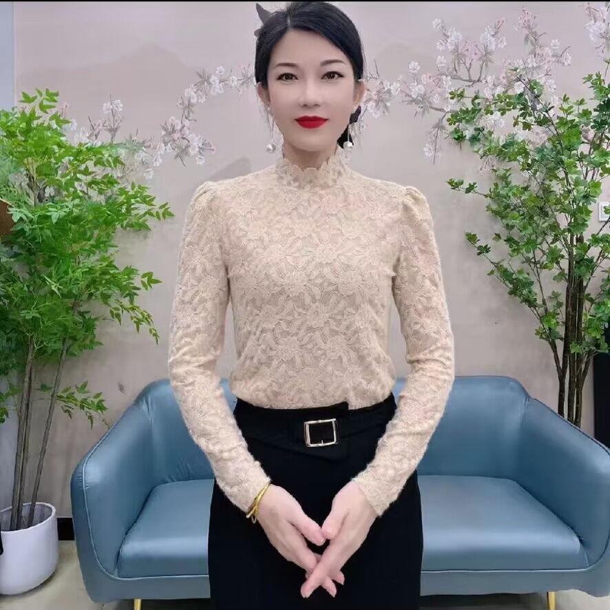 Damen 2025 Stilvolles Jacquard-Spitzen-Basisoberteil Langarm mit halbem Stehkragen für Herbst/Winter