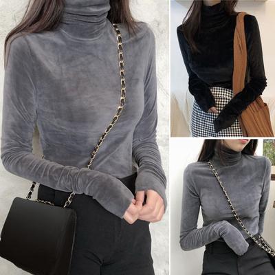 Women Blouse Solid Color Turtleneck Long Sleeve Slim Fit Coldproof Pullover Plush Commuter T-shirt Bottoming Shirt