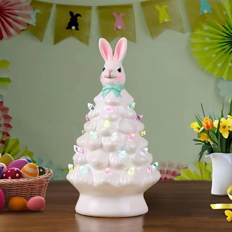 Happy Easter Bunny Tree Resin Bunny Figurines W/ Colorful Beads Tabletop Decor Lights Up Rabbits Spring Easter Decorations Gifts