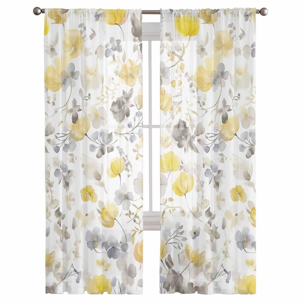 Yellow Flowering Plants Sheer Curtains Modern Gauze Curtain for Living Room Bedroom Voile Yarn Curtains
