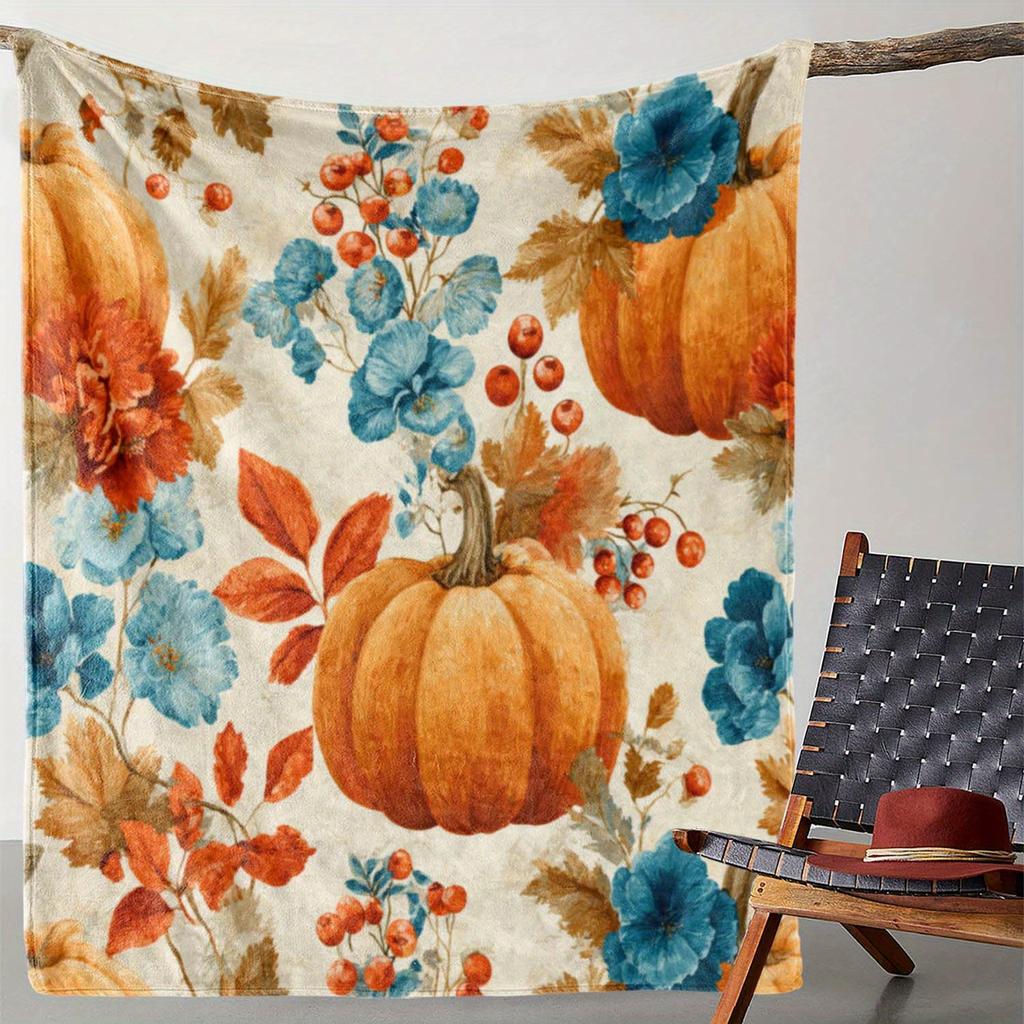1pc Sdoo Flannel Blanket - Autumn Floral Pumpkin Leaves Print Throw in Orange/Blue/Red/Beige/ - Soft Cozy All-Season Blanket for